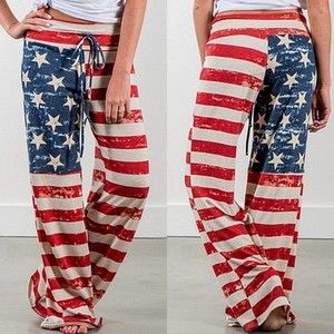 Red Stars & Stripes Wide Leg Palazzo Pants Medium Patriotic Festival Lounge Chic